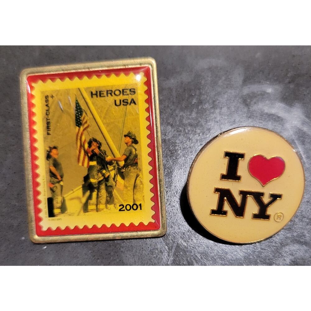 Lot of 2 NY Pins 9/11  First Responder Heroes USPS Stamp & Round I love NY Pin